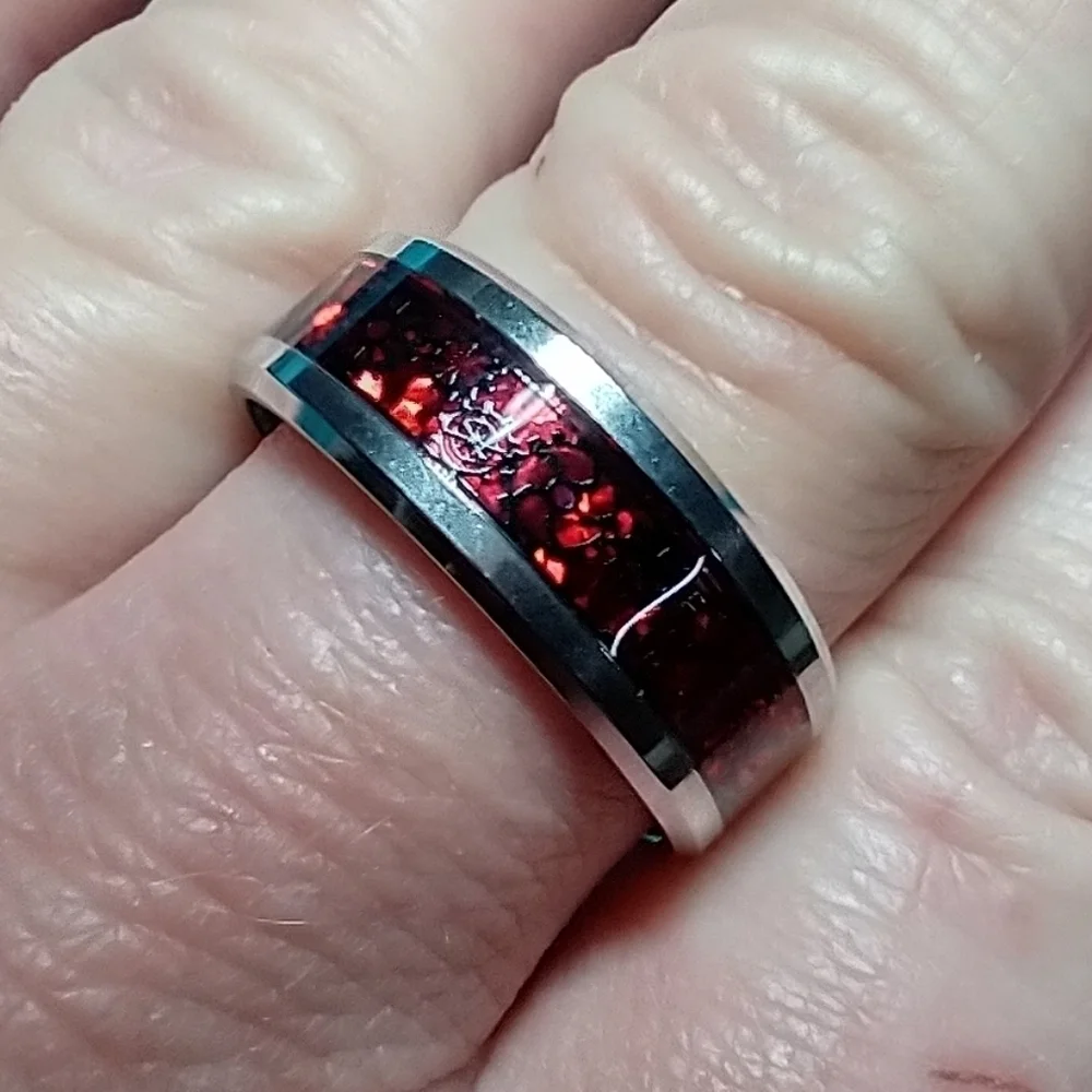 Silvertone red gear industrial band ring gothic